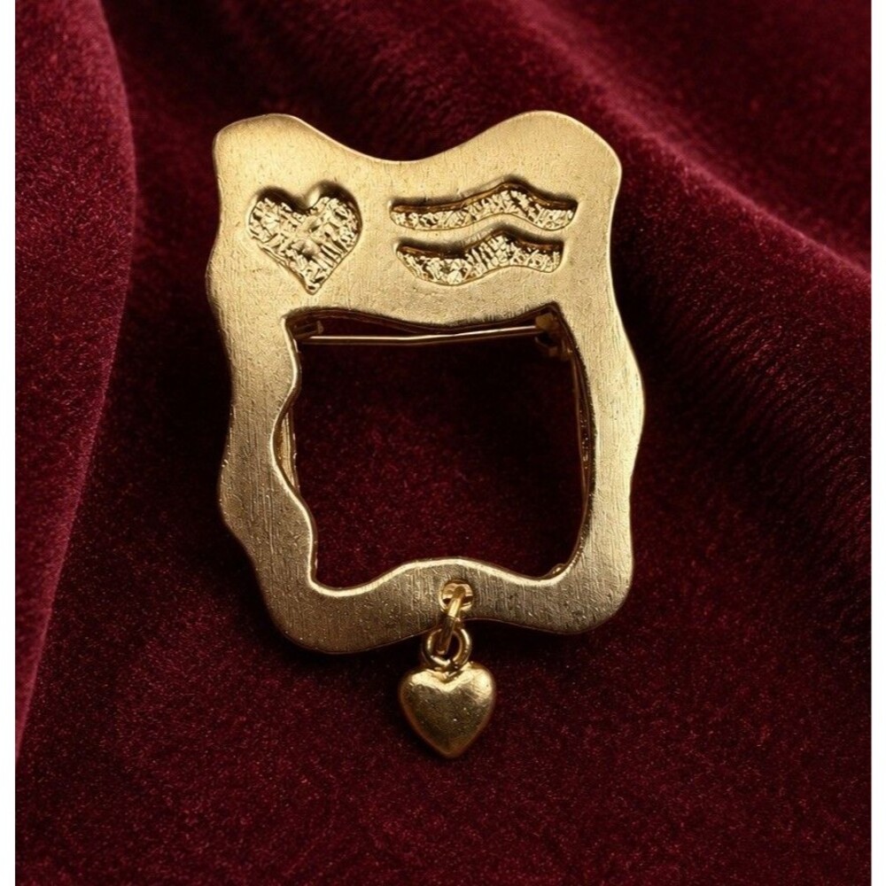 Vintage Gold Tone Modernist Open Square Brooch Heart Dangle Abstract Pin